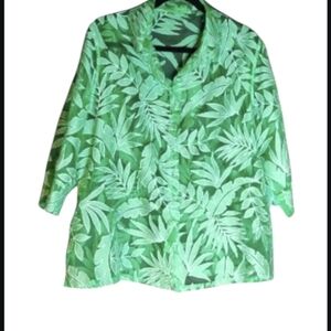 :1X: Sheer Vivid Green Leafy Retro 3/4 Sleeved Shirt.